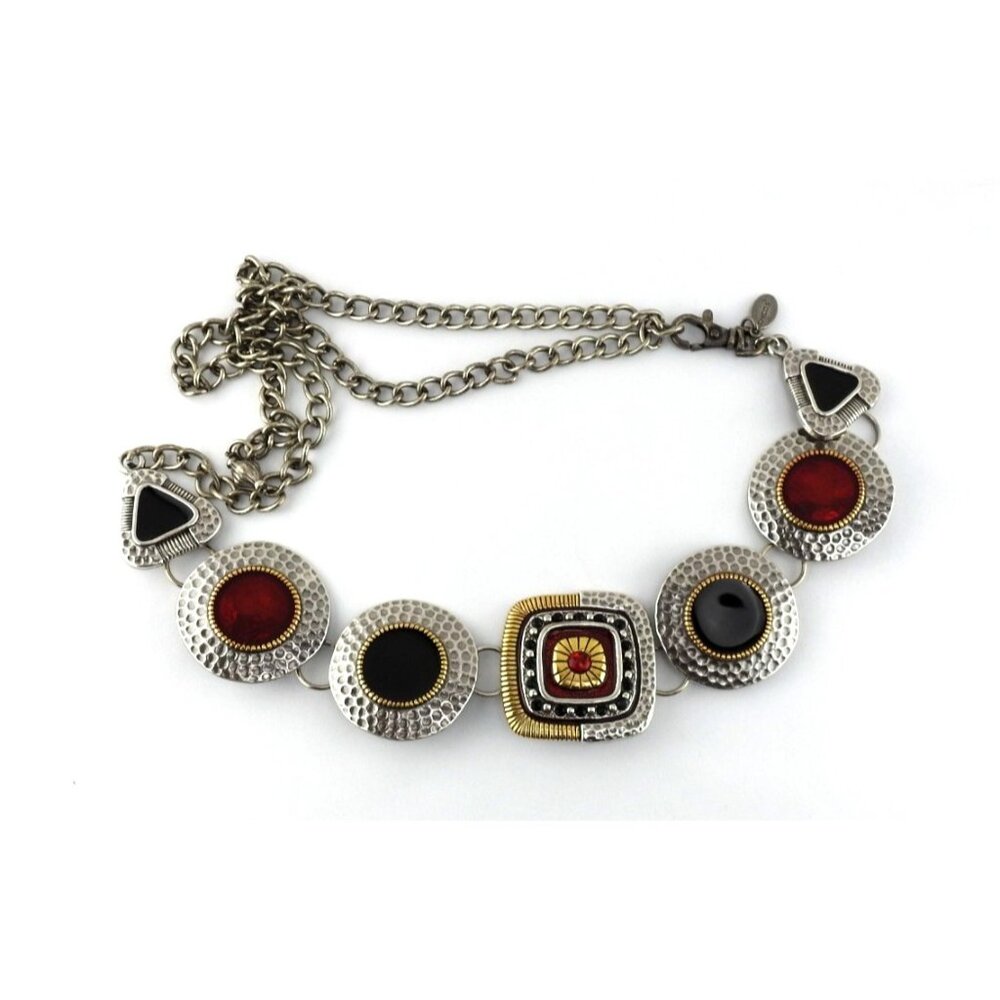 Vintage Signed Chico’s Silver Hammered Multi-Colored 7 Rock Style Stones Boho 90